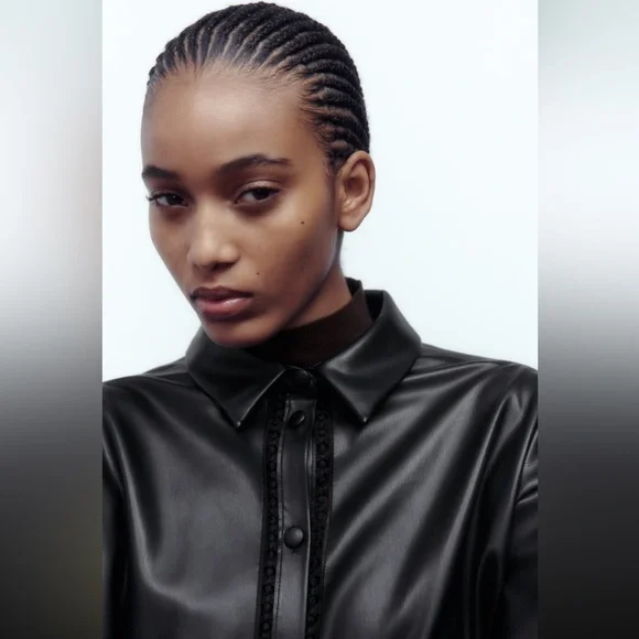 Women Zara Faux Leather Overshirt With Lace Inserts Size XS - Picture 5 of 16